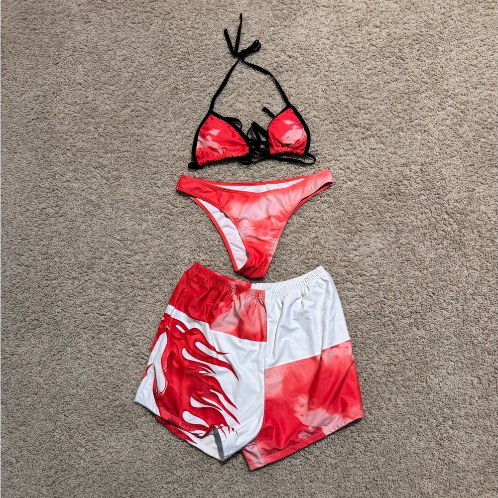 SHEIN Tie-Dye Flame Design Red and White Bikini with Shorts